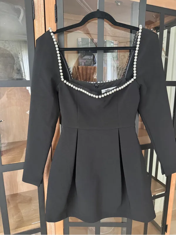 Odd Muse London Pearls Mini Dress Black square neck long sleeve - Image 10