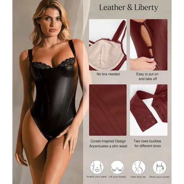 NWT Popilush Faux Leather Corset Bodysuit Deep Red Lace Tummy Control Shaper Med - Image 2