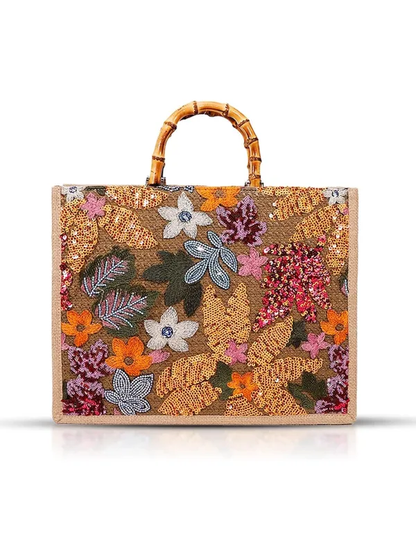 Embroidered Floral Tote Bag with Bamboo Handles - Beige - Image 3