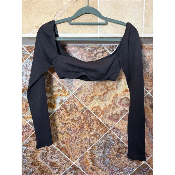 Princess Polly Becca Black Ribbed Square Neck Long Sleeve Crop Top Size 2 - Image 2