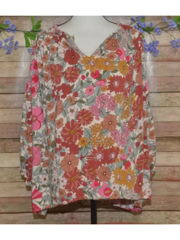 Entro Floral Blouse Womens Large 100% Rayon Boho Peasant V Neck Retro Mums - Image 2