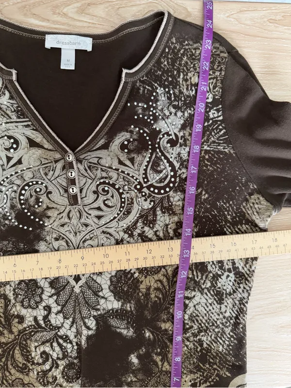 Dress Barn Y2K Medium Brown Henley Top Paisley Goblin Fairy Forest Renaissance Bedazzle - Image 4