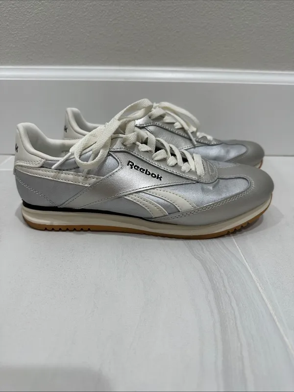 Reebok Women's Metallic Silver and Cream Sneakers - Image 7