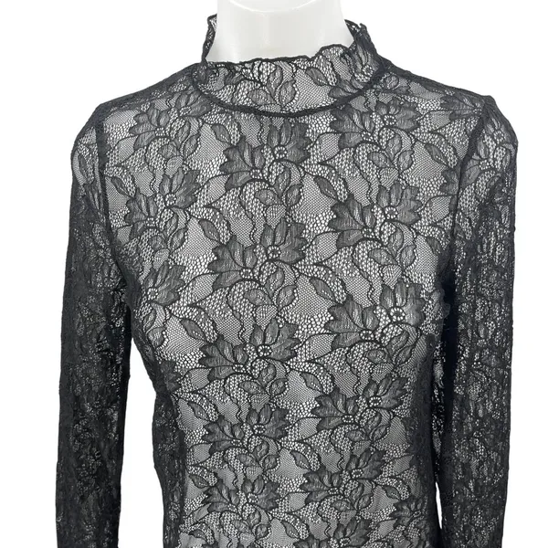 Anthropologie Black Floral Lace Long Sleeve Sheer See Trough Blouse Top Size S - Image 3