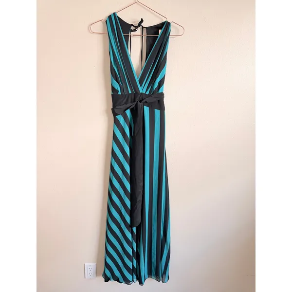 Eva Franco Maxi Dress Womens 6 Teal Black Striped‎ V-Neck Chiffon Gown CF338-H - Image 6