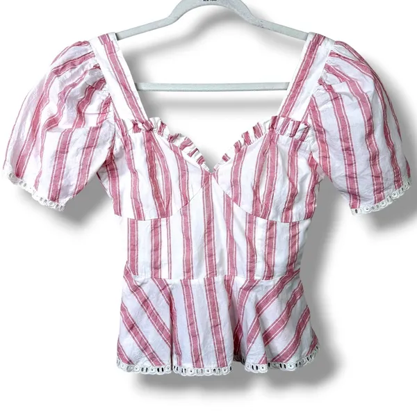 Tularosa Brinley Red White Stripe Eyelet Puff Sleeve Sweetheart Peplum Top XS - Image 2