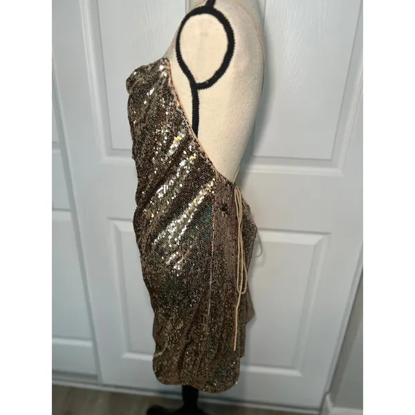 NWT ASOS Sequin Cowl Neck Slip Mini Dress Gold‎ Party Strappy Open Back Size 12 - Image 3