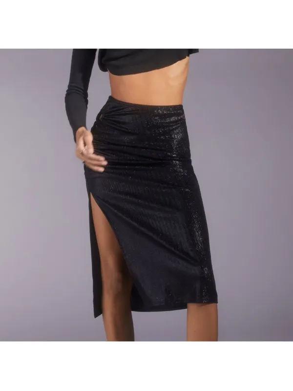 NWT urban outfitters Black High-Slit Ruched Midi Skirt with keyholes - Image 4