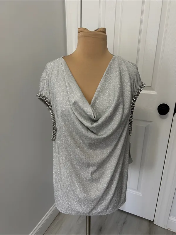 Vocal Silver Metallic Chain Trim Draped Nevj Sleeveless Top - Image 2