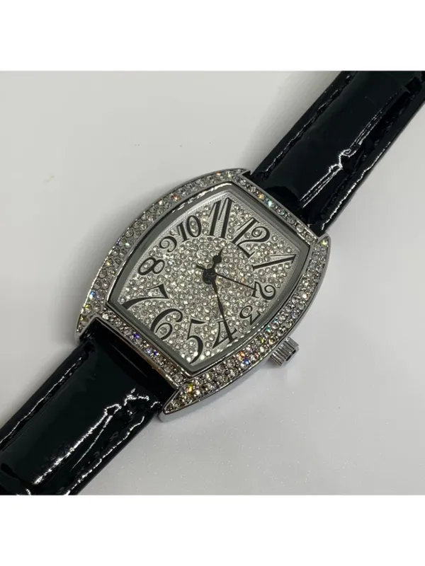 silver tone iced dial rhinestones women watch 27mm quartz black leather running - Image 2