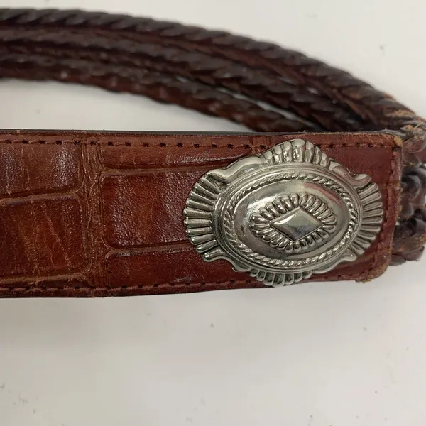 Brown‎ Leather Size M Croc Embossed Braided Belt Silver Tone Heavy Buckle Concho - Image 5
