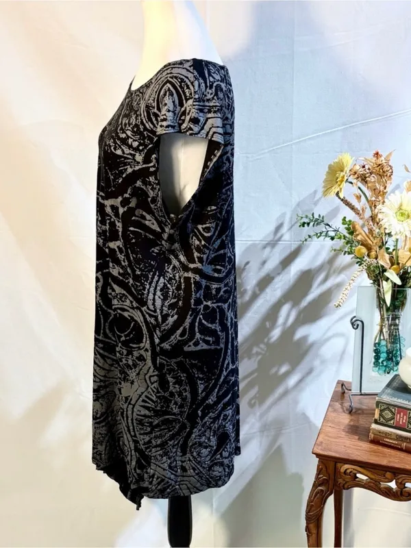 💥Bryn Walker Abstract Print Asymmetrical Tunic Dress Black Gray Stretch Sz L💛 - Image 6