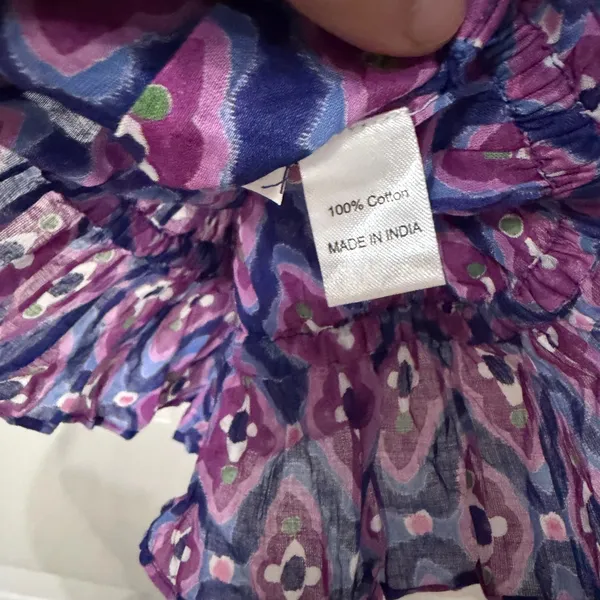 NWT Banjanan‎ Halo Cotton Top Blouse Abstract Print Smocked Puff Sleeve Purple M - Image 7