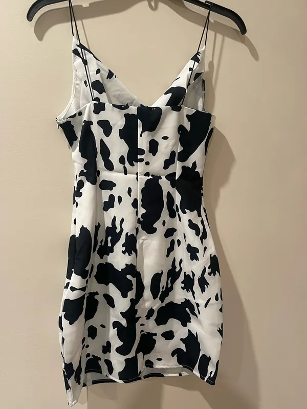 Cow-Print Mini Slip Dress in Black and White - Image 2
