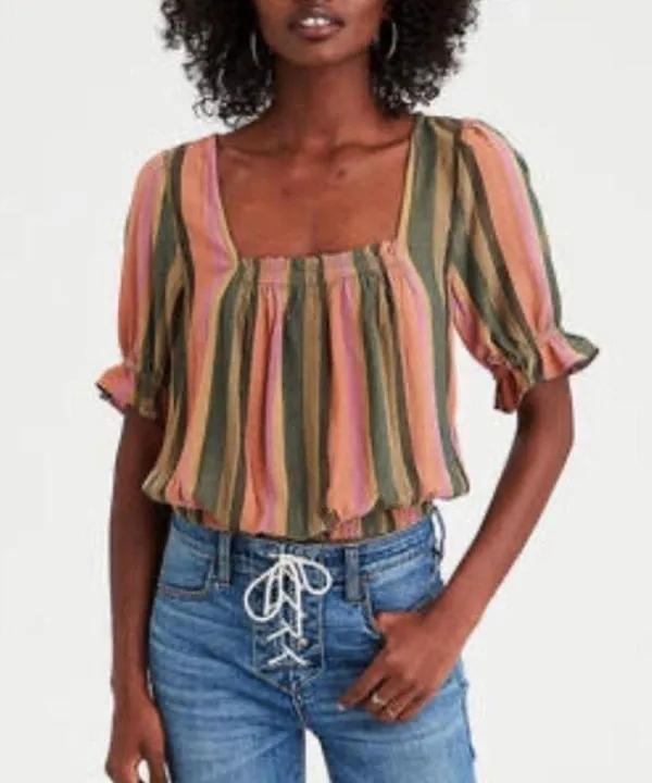 American Eagle Square Neck Striped Cropped Top - Image 2