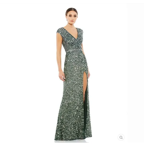 Mac Duggal 5489 Womens Green Cap SLEEVE SEQUINED HIGH SLIT GOWN - Image 3