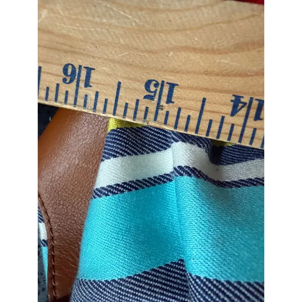 Kate Spade New York Striped Canvas‎ Satchel Bag Blue Yellow Red Tan Leather Trim - Image 8