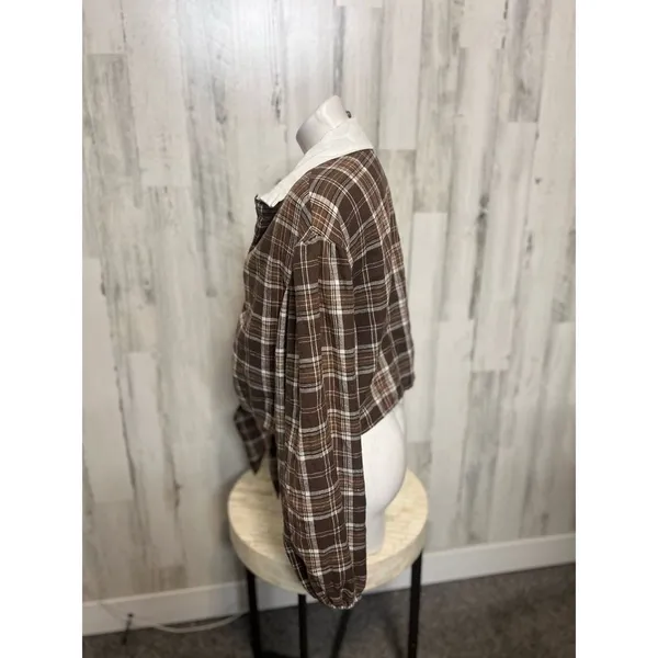 SHEIN Plaid Contrast Collar Tie Front Crop Top Womens Large Brown Lantern Sleeve - Image 3