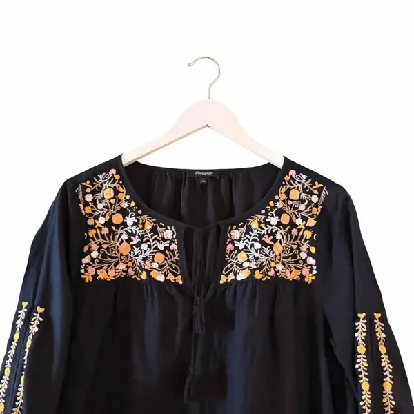 Madewell Embroidered Shift Dress Black Floral Pockets Boho Artisan SZ L #2615 - Image 4