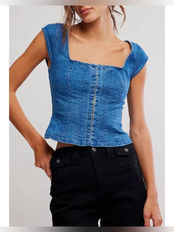 NWT Free People Marilyn Denim Corset - skylight light denim - medium - Image 10