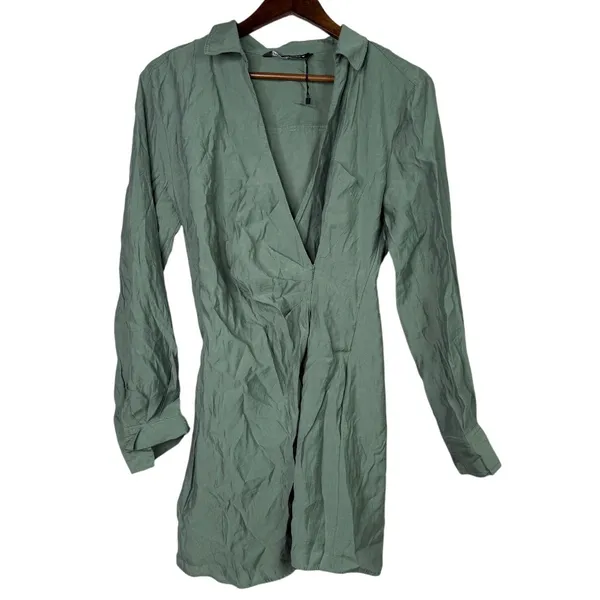 Zara Long Sleeve Tunic Wrap Style Mini Dress Collard V Neck Button M Sage Green - Image 14