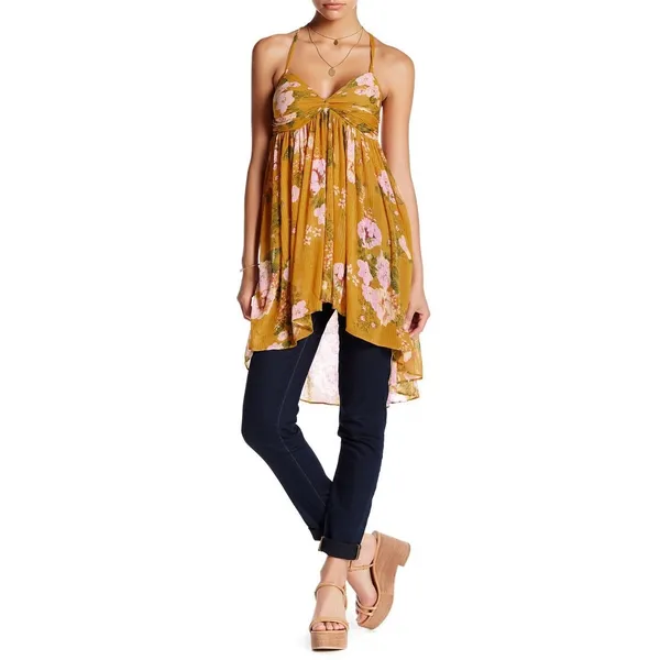 FREE PEOPLE Mirage Convertible Tunic Tank Top Dress Hi Low Yellow Floral Boho - Image 11