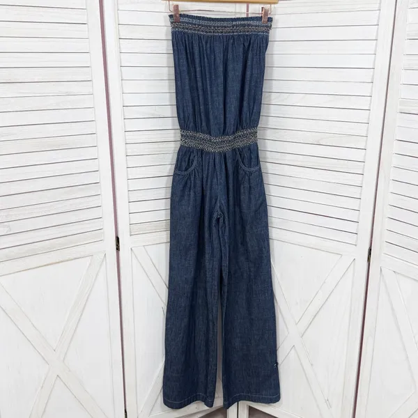 Poetry‎ Boho Smocked Strapless Wide Leg Chambray Jumpsuit Denim Blue Small - Image 8