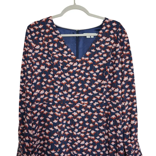 Boden Women's Size 12 Long Sleeve Midi Dress‎ Long Navy Pink Tulip Floral V-Neck - Image 3