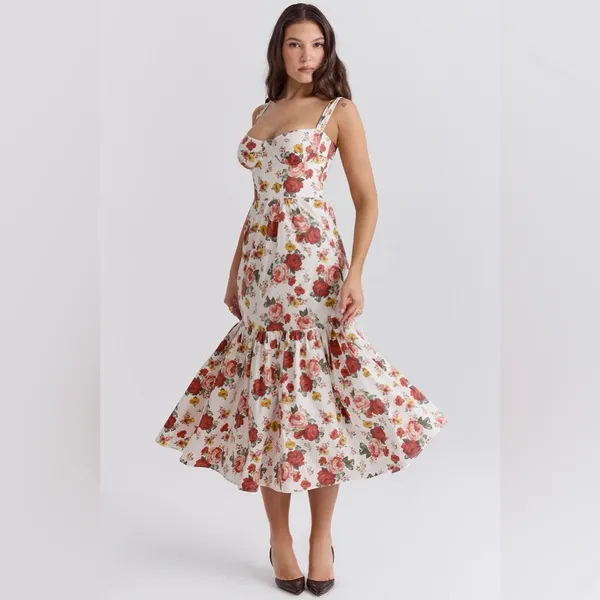 House of CB Elia Italian Rose Print Cotton Midi Sundress Plus cup - Image 4