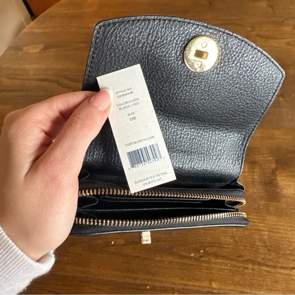 Tory Burch Black Leather Wallet with Gold Hardware Pebble - Image 2