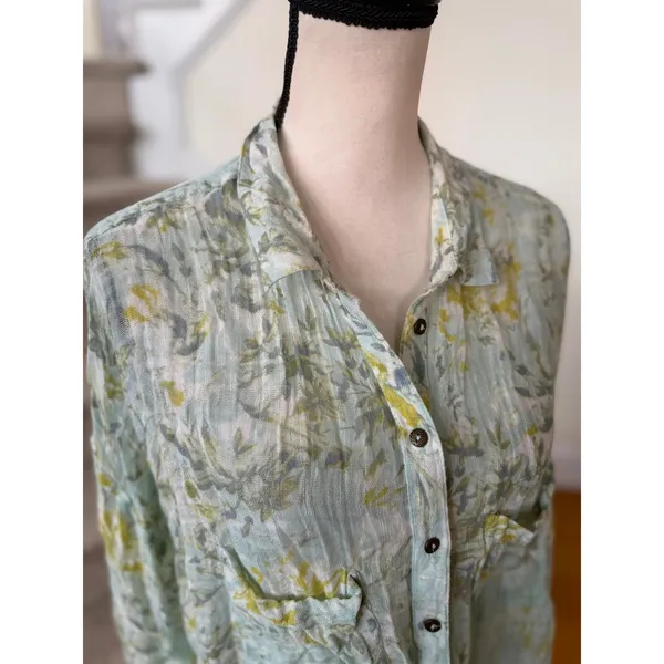 Free People Light Blue & Green Leaf Print Gauze Tie Waist Button Down Shirt - Image 2