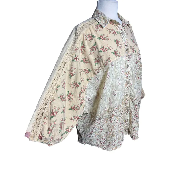 NWT EASEL Women’s Boho Mixed Floral Print Patchwork Button Up Shirt - Image 5