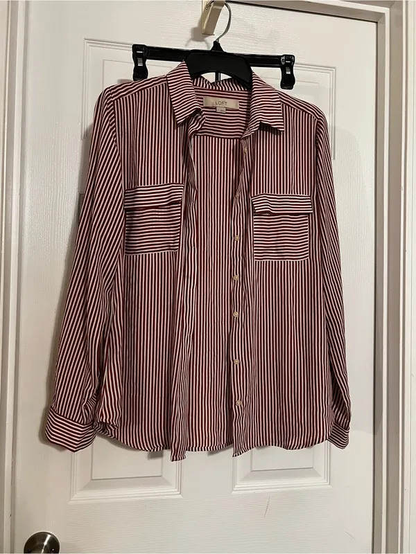 LOFT Striped Button-Up Blouse in Burgundy and White - Image 2