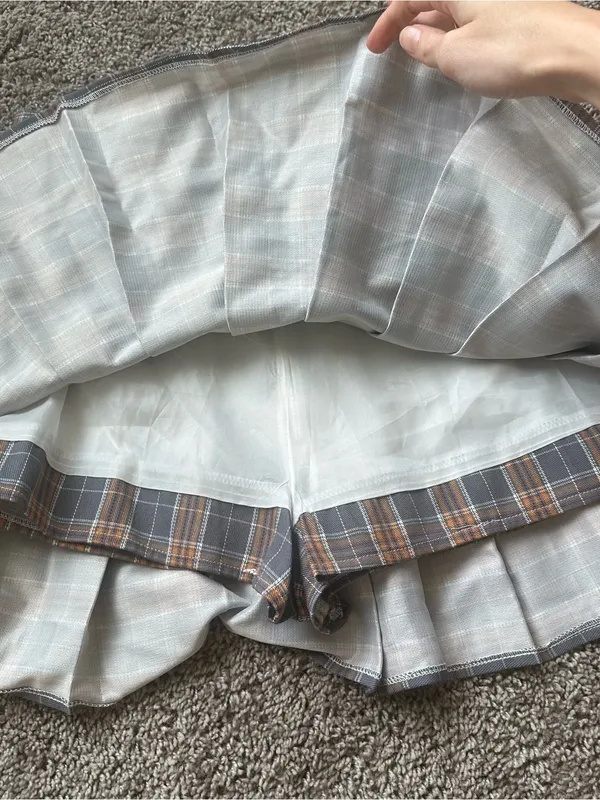 Pleated Gray & Tan Plaid Mini Skirt - Image 4