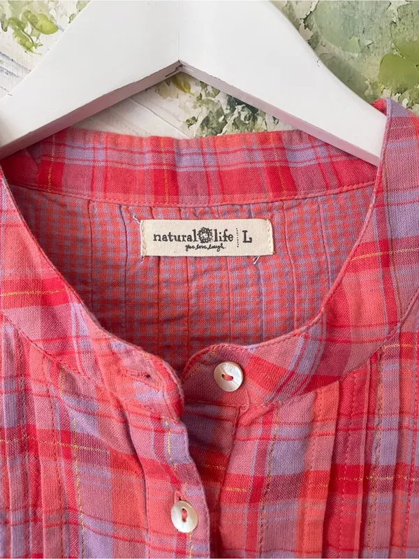 Natural Life Plaid Pintuck Metallic Lurex Blouse Top Pink Purple Gold Large - Image 4