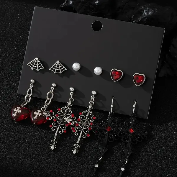NEW 6 Pairs Gothic Earrings Set, Goth Spider Web Red Accents Punk Jewelry, Cross - Image 2