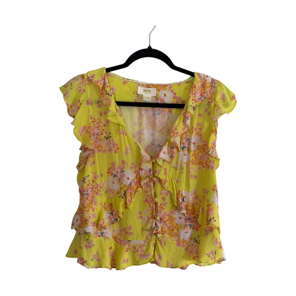 Maeve Anthropologie Ashlee Ruffled Blouse‎ 12 Yellow Floral V-Neck Sleeveless - Image 4