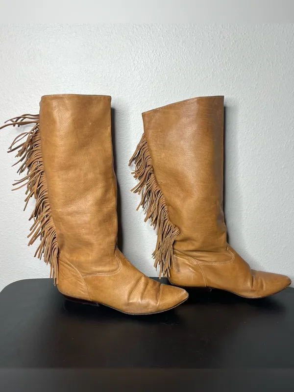 Vintage Zodiac Camel Brown Leather Fringe Trim Tall Boots Western Boho Cowgirl - Image 3