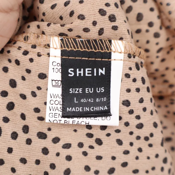 SHEIN Tan Dalmatian Dot V-Neck Peplum Blouse Front Tie Long Sleeve Top Large - Image 3