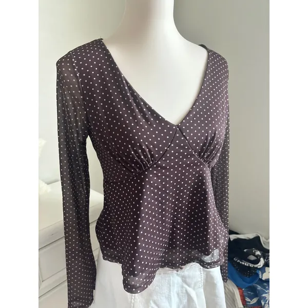 Polka Dot Mesh Top Brown Sheer Long Sleeve Y2K Coquette Babydoll V-Neck Medium - Image 2