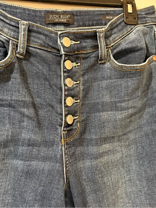 Judy Blue High Rise Exposed Button Fly Wide Leg Raw Hem Jeans Size 11/30 - Image 8