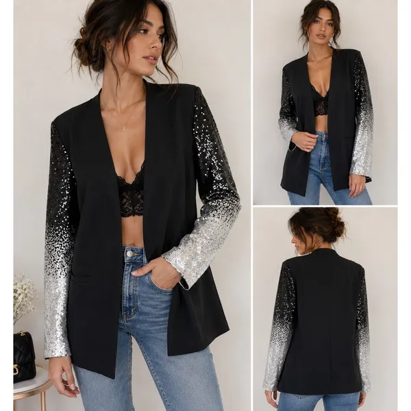 Ebossy Sequin Ombre Sleeve Blazer Womens Large Black Silver Glam Jacket - Image 2