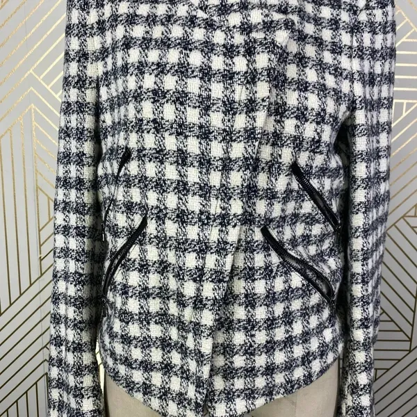 Zara Basic Checker Plaid Tweed Moto Jacket in Black & Cream Size US Medium‎ - Image 3