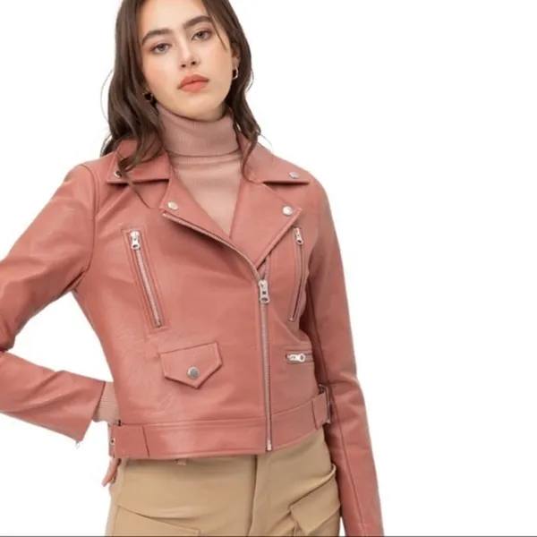 NWT Montrez Moto Jacket Womens M Pink Faux Leather Belted Zipper Edgy Bikercore - Image 3