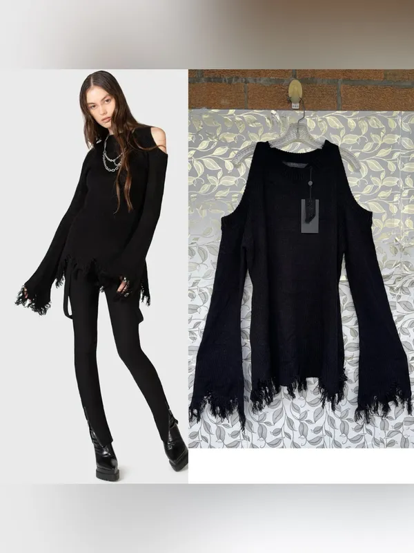 Killstar Cold Shoulder Distressed Knit Sweater Black XXL Whimsigoth Goth - Image 2