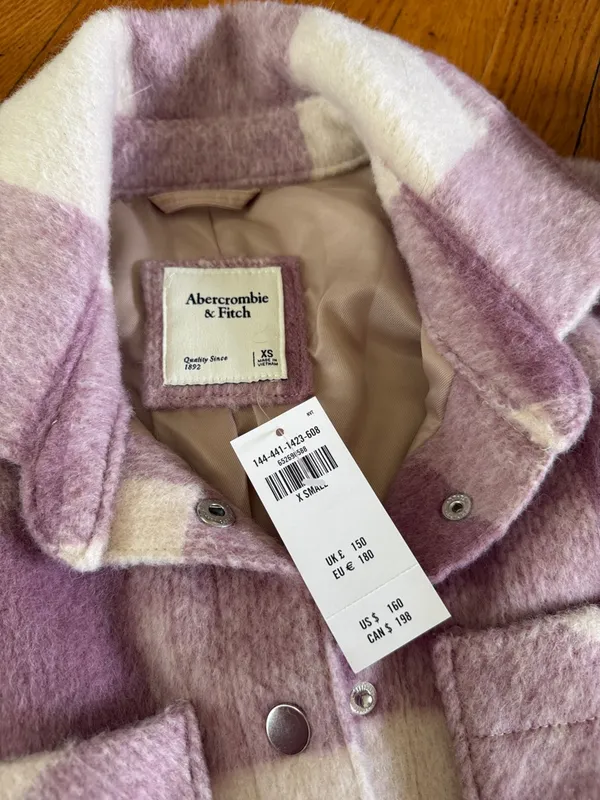 NWT Abercrombie & Fitch Lilac Cream Plaid Shacket wool blend coat size XSMALL - Image 2