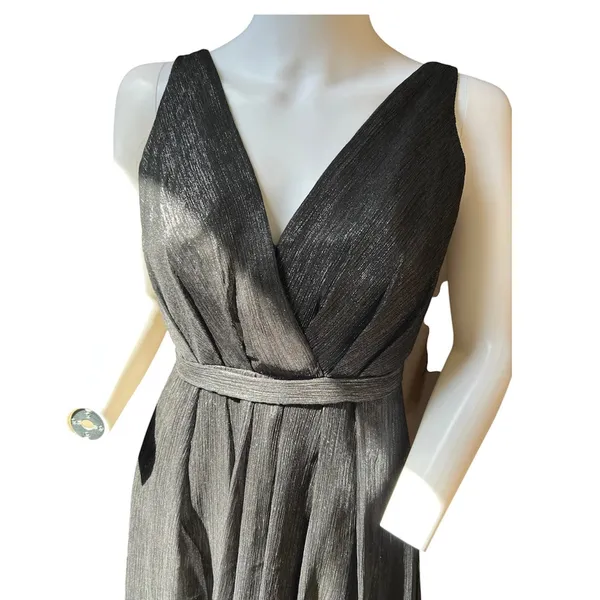 Monique Lhuillier Bridesmaids Size 2 Black Metallic Plunge V-Neck Maxi Dress - Image 3