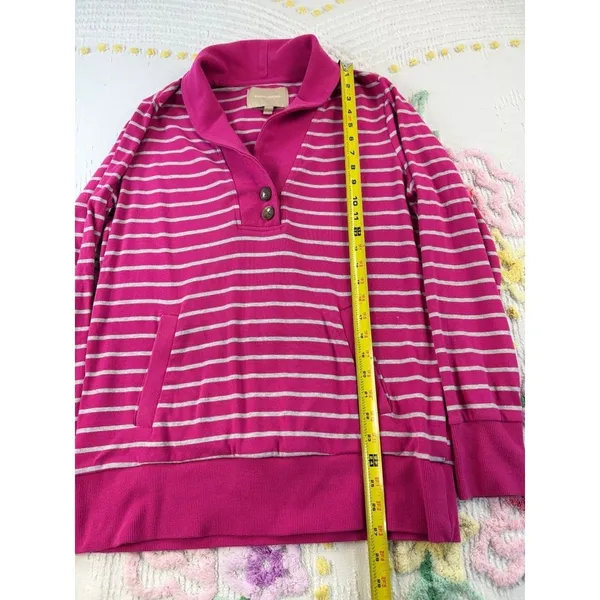 Banana Republic Pink White Striped Shawl Collar‎ Pullover Sweatshirt Women L - Image 3