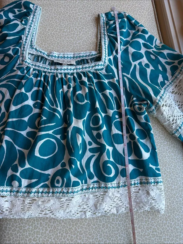 Rachel Zoe Teal Printed Peasant Linen Top with Lace Trim 3/4 Sleeves size L - Image 8