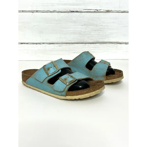 Birkenstock Arizona Washed Metallic Aqua Blue Leather Sandals Size EU 39 US 8 - Image 2